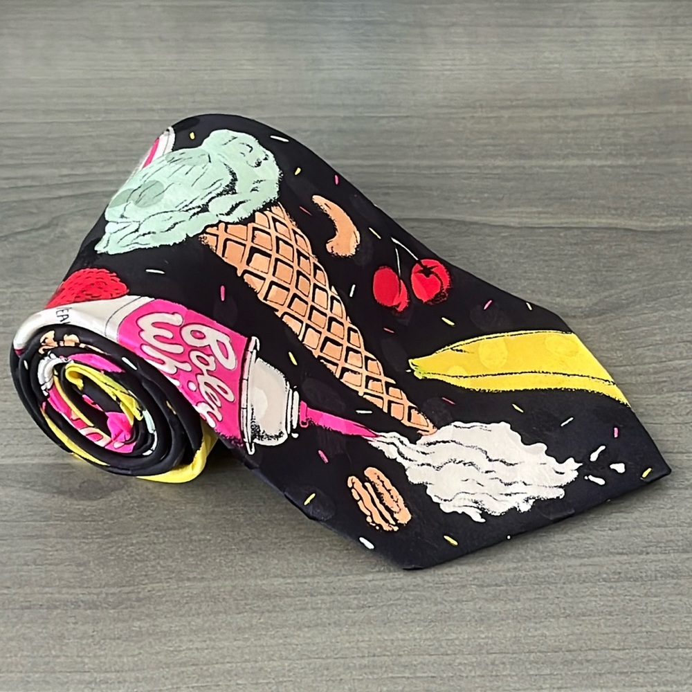 Vintage 100% Silk Addiction Black Tie with Ice Cream Motif